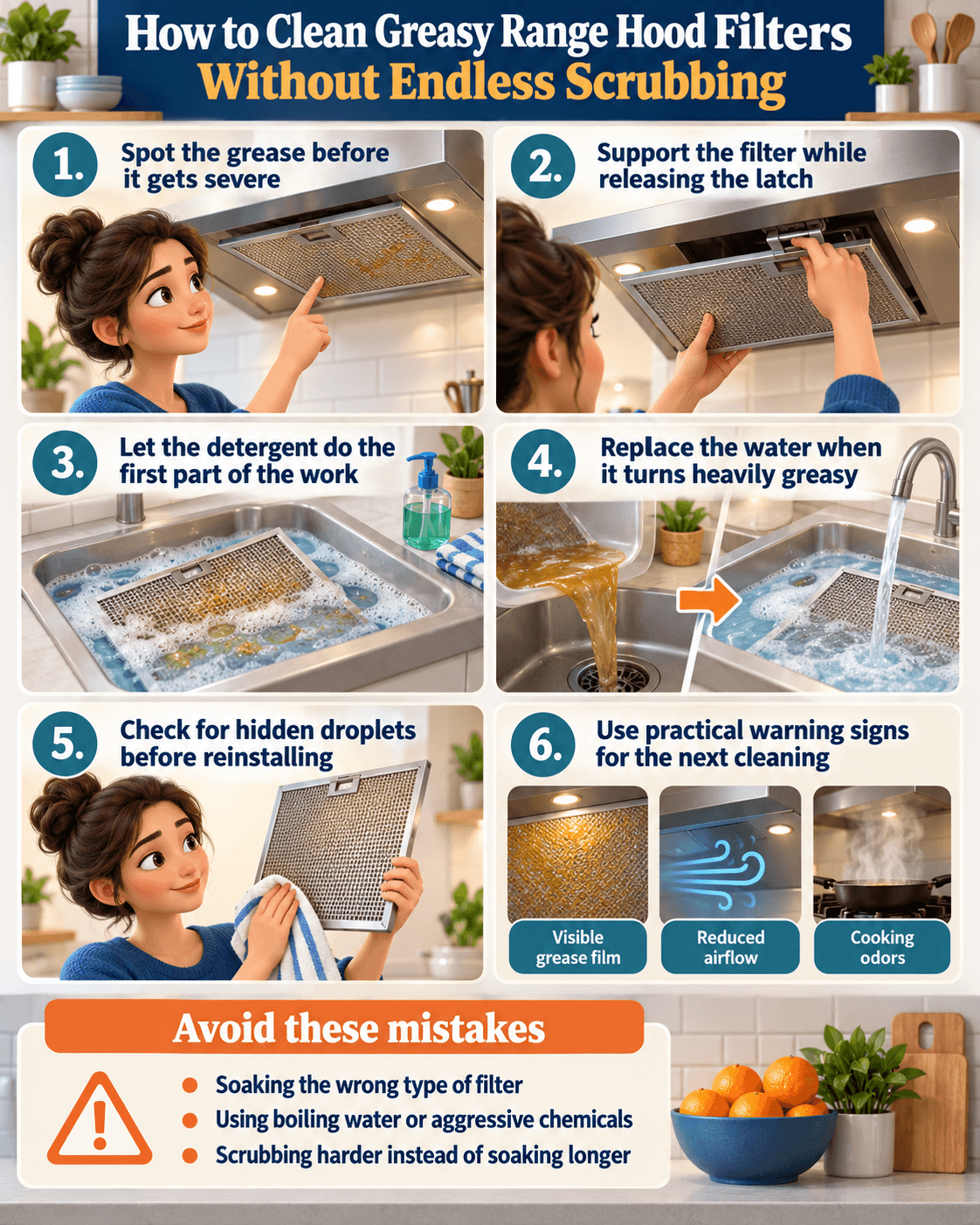 How-to infographic showing the safe steps for How to Clean Greasy Range Hood Filters Without Endless Scrubbing
