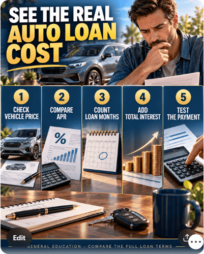 Infographic showing five checks for comparing the full cost of an auto loan