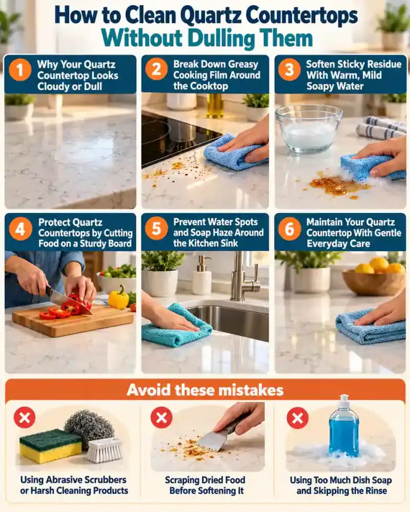 How-to infographic showing the safe steps for How to Clean Quartz Countertops Without Dulling Them