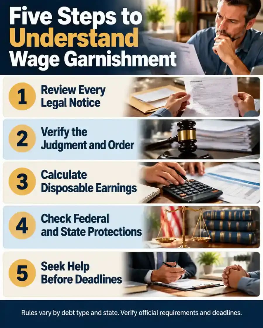 Five-step wage garnishment infographic covering legal notices, court judgments, disposable earnings, federal and state protections, and timely legal assistance.