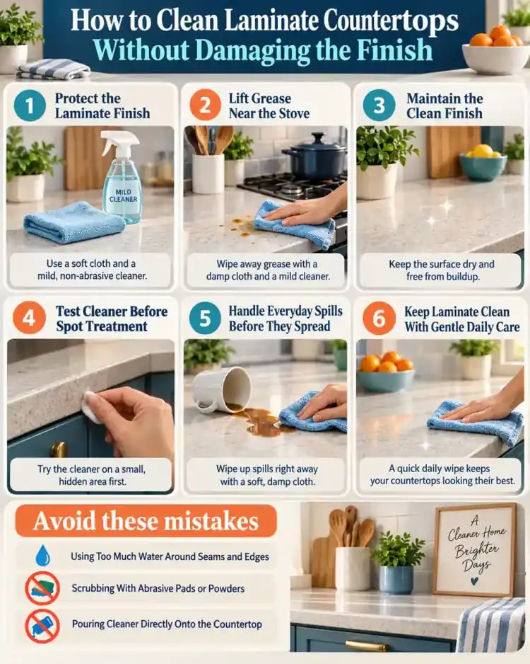 How-to infographic showing the safe steps for How to Clean Laminate Countertops Without Damaging the Finish