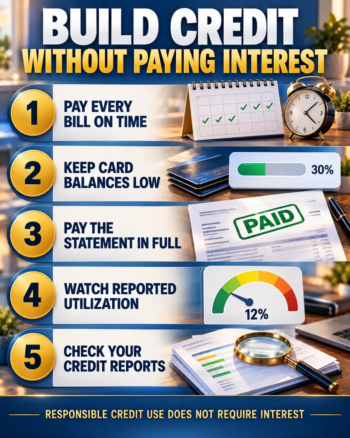 Five-step infographic explaining how to build credit without deliberately carrying a credit card balance.