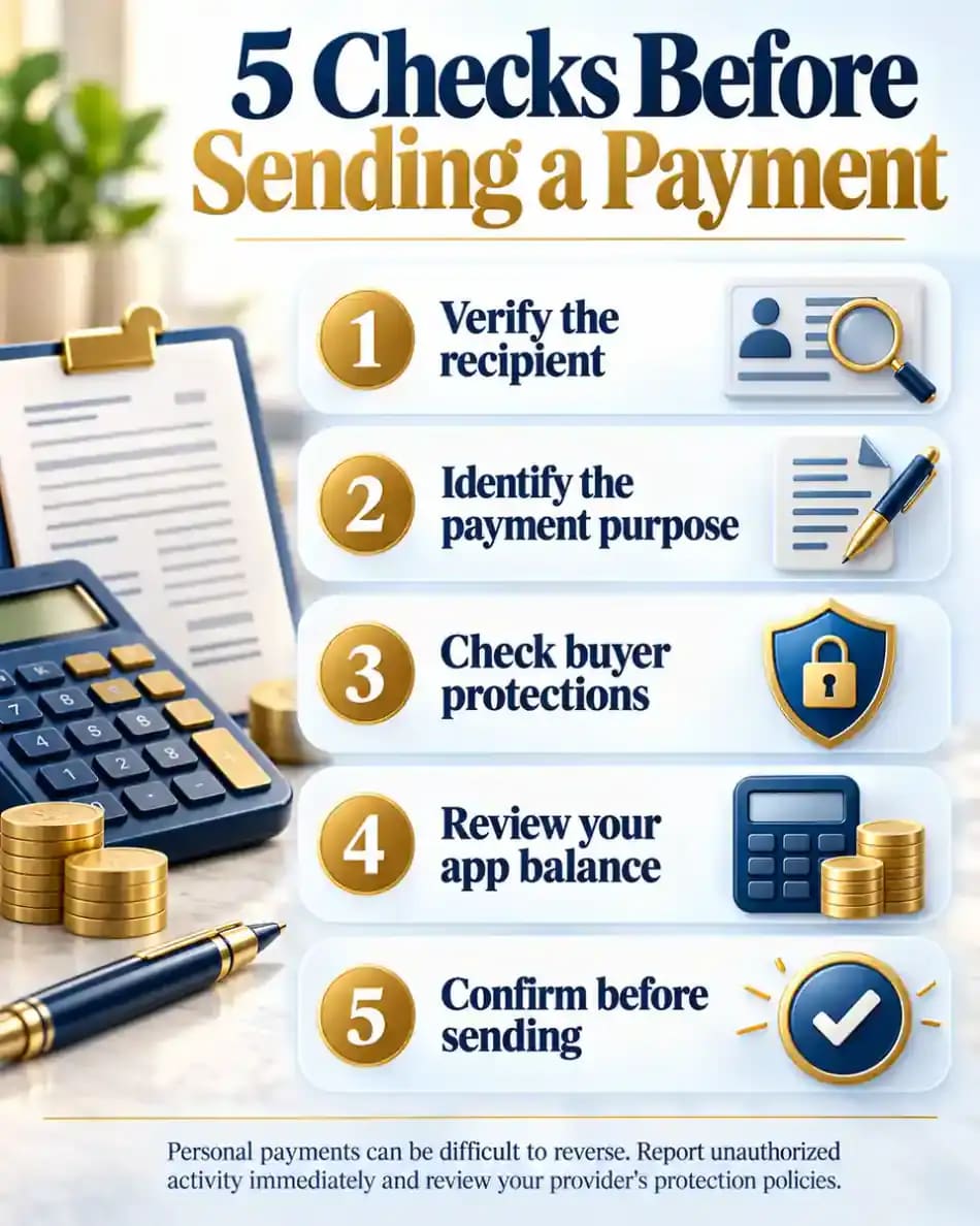 Five-step payment safety checklist showing recipient verification, payment purpose, buyer protection review, app balance review, and final transfer confirmation.