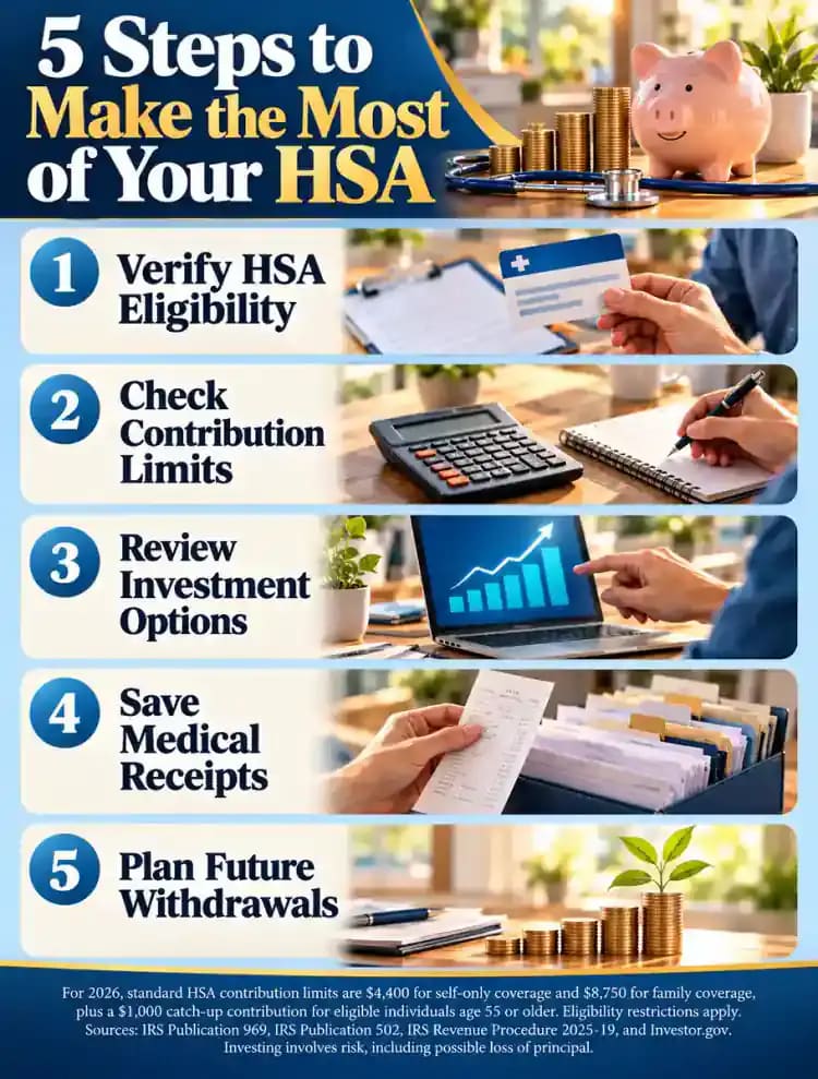 Five-step Health Savings Account planning infographic showing how to verify eligibility, check annual contribution limits, review investment choices, organize medical receipts, and prepare for future HSA withdrawals.
