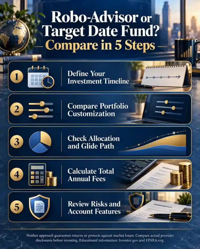Five-step comparison infographic explaining how to evaluate robo-advisors and target date funds by investment timeline, personalization, asset allocation, total fees, and risk.
