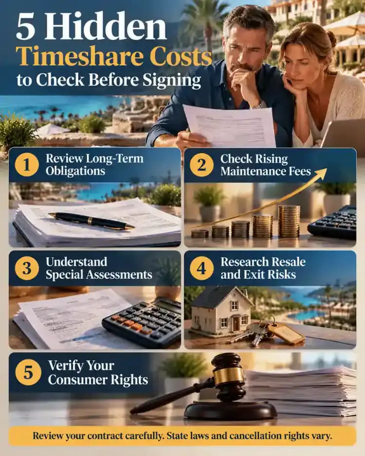 Five-step timeshare cost checklist covering long-term contract obligations, rising maintenance fees, special assessments, resale and exit risks, and consumer rights.