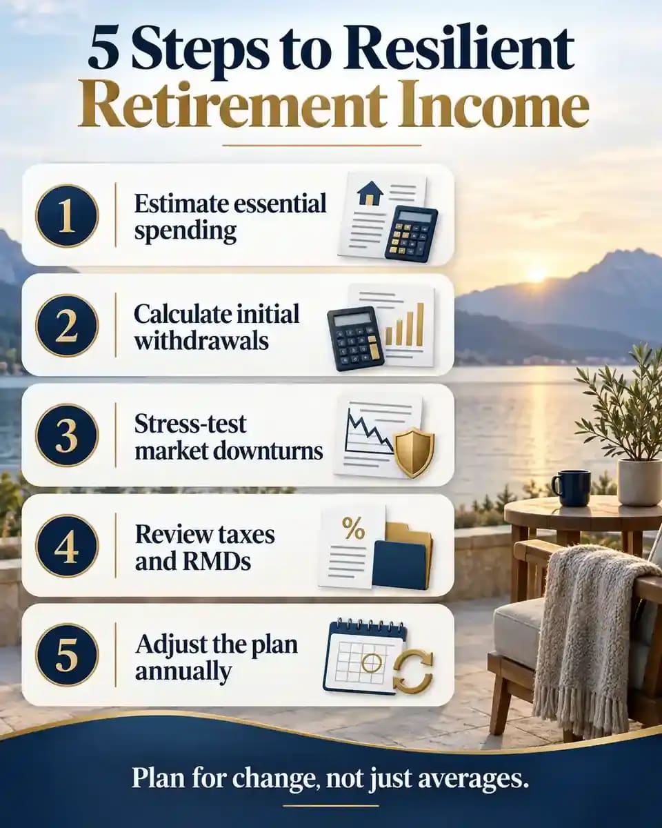 Five-step retirement withdrawal planning infographic covering essential spending, initial withdrawal calculations, market downturns, taxes and RMDs, and annual adjustments.