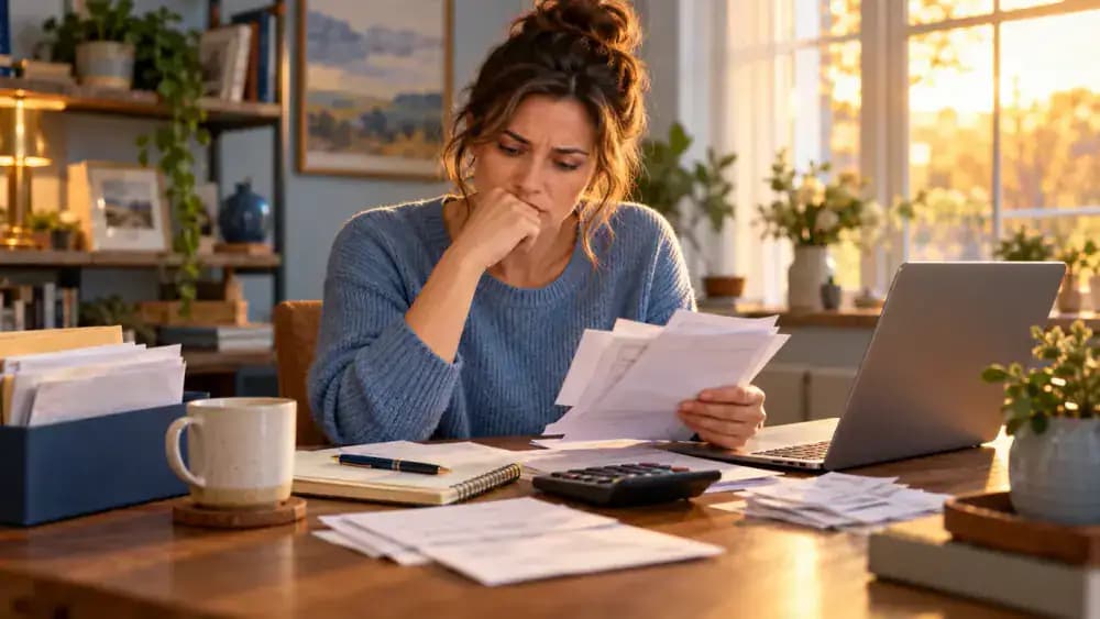 Adult reviewing healthcare bills and household expenses at a desk.