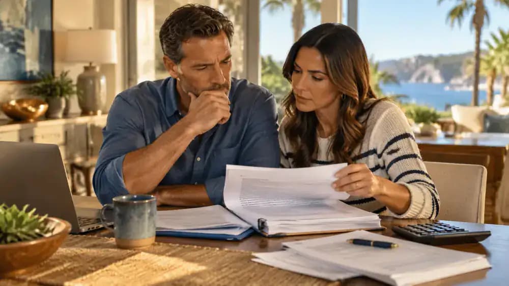 Consumer reviewing a detailed timeshare contract at a table.