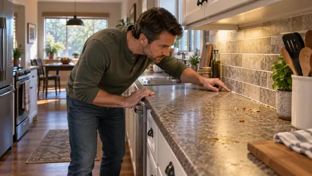 Homeowner inspecting a laminate kitchen countertop with crumbs, light grease, dried food spots, visible seams, front edges, and the backsplash joint before cleaning.