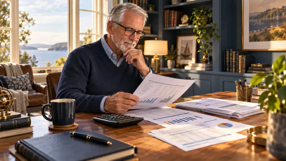 Retiree examining retirement savings and household finances