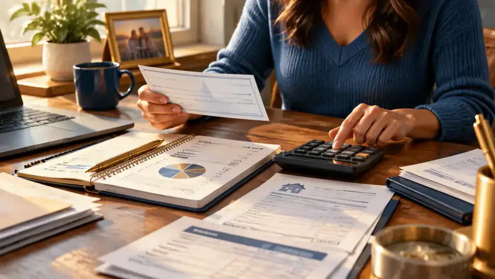 Paycheck, calculator, household budget, and legal paperwork illustrating wage garnishment.