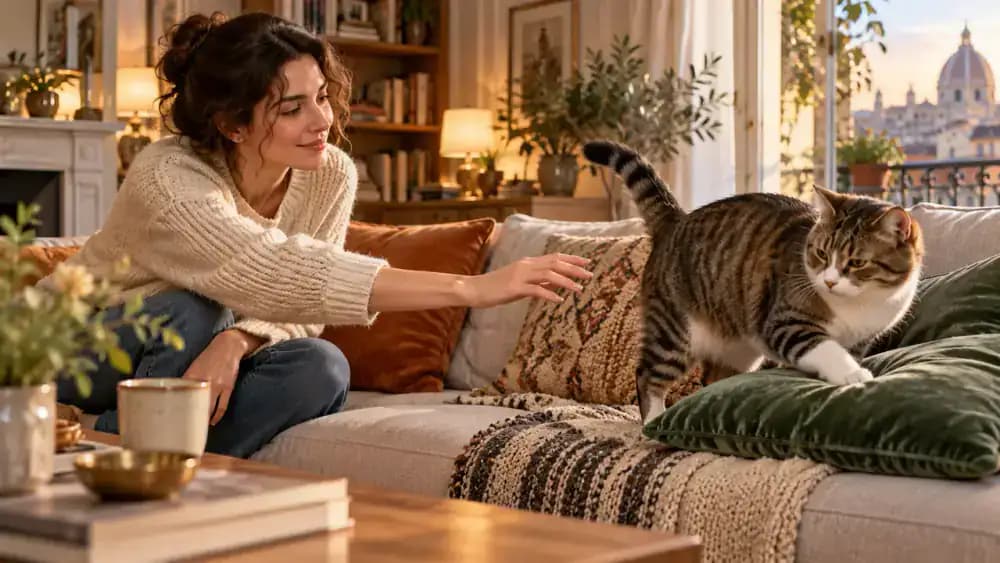 A cat turning away from an approaching hand on a living room sofa while its owner calmly allows it to move to a nearby cushion.
