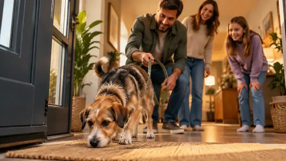 Newly adopted rescue dog sniffing the entrance of a softly lit home while its owner holds a loose leash and family members wait at a respectful distance.