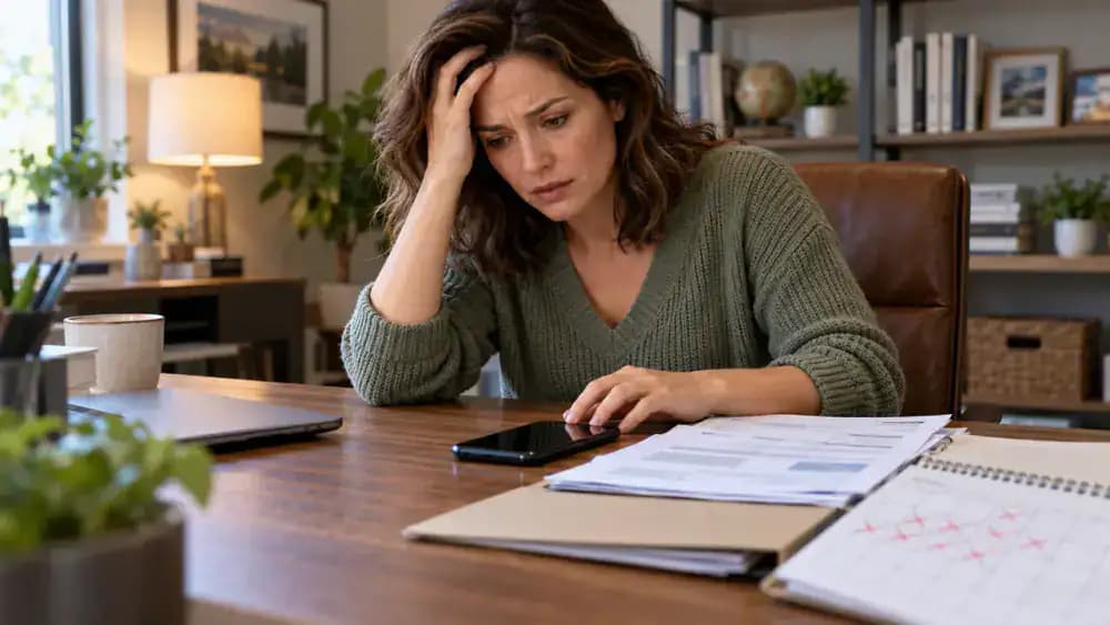 Adult patient at a bright home office desk checking a smartphone beside a specialist referral notice and a calendar with several days crossed off.