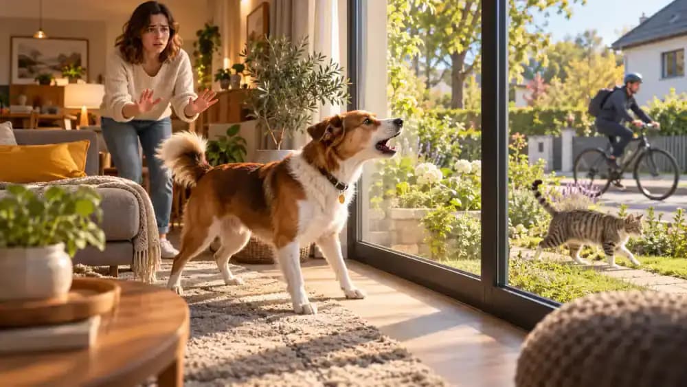 Dog barking at a living room window as a cyclist passes outside and a cat crosses the yard, while the concerned owner watches nearby.