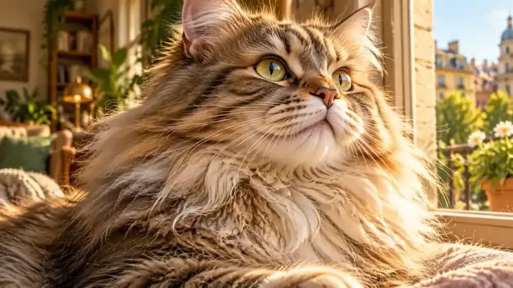 Close-up of a fluffy long-haired cat sitting beside a sunlit window, showing silky fur and a small hidden tangle beneath the outer coat.