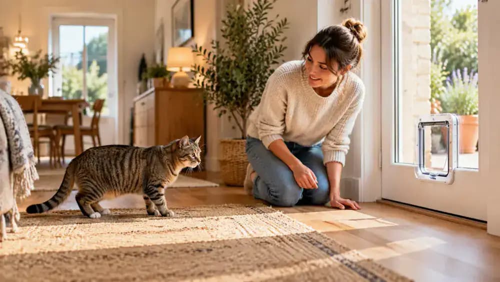 A cautious cat watches the transparent panel of a pet flap while its owner kneels several feet away in a bright home.