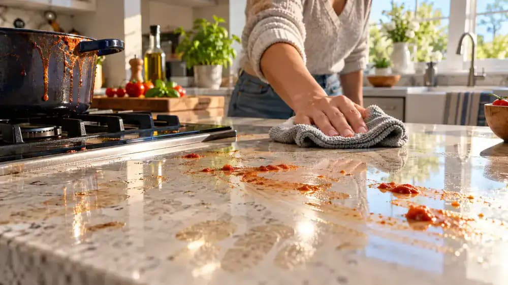 Close-up of a light gray engineered quartz countertop in a modern kitchen showing greasy fingerprints, dried sauce, and cloudy streaks under angled morning sunlight as a hand moves a white plate aside.