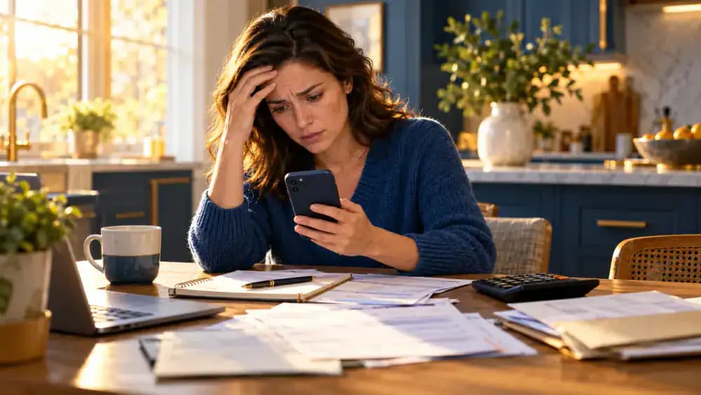 Concerned consumer examining a smartphone at a kitchen table while considering the risks of digital payments.