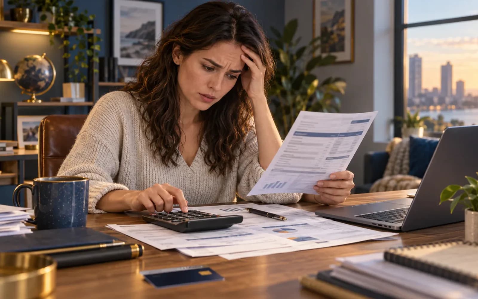 Consumer looking confused while reviewing a credit card bill and calculator