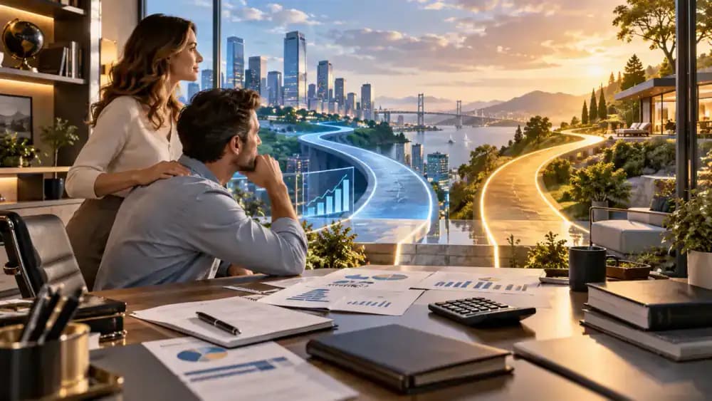 Two illuminated investment pathways diverge through a sophisticated financial landscape.