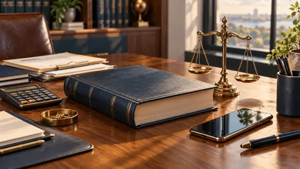 Legal reference book, smartphone, and brass balance scale representing federal electronic payment regulations.
