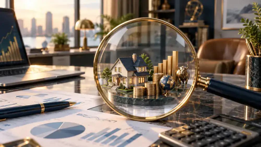 A magnifying glass examines miniature investment assets arranged on a clean financial desk.
