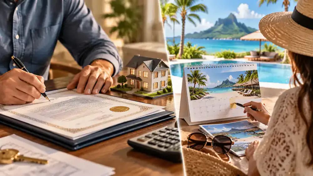 Property deed and resort vacation calendar representing two timeshare contract structures.