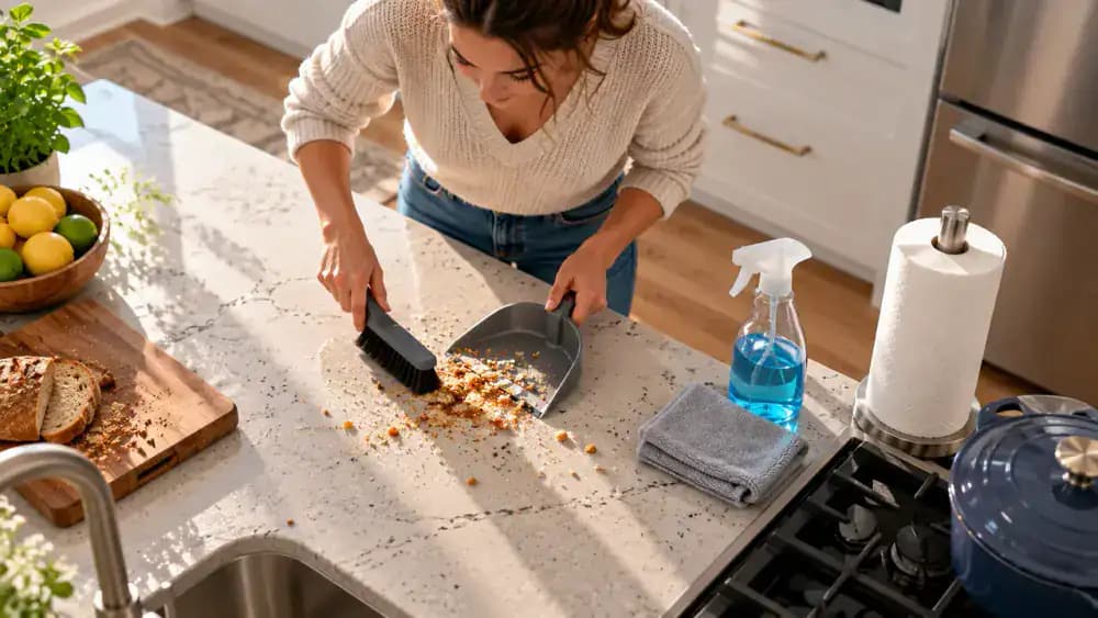 Homeowner preparing a light gray engineered quartz countertop for cleaning by removing kitchen items, sweeping away breadcrumbs with a microfiber cloth, and arranging warm water, mild dish soap, clean cloths, and a plastic scraper beside the manufacturer's care guide.