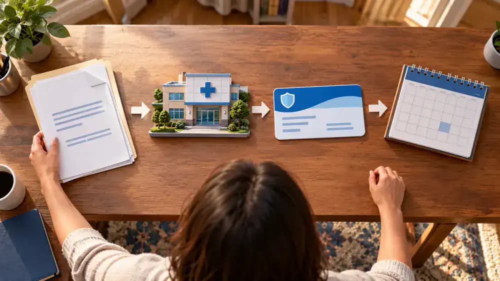 Four-stage medical referral infographic showing a doctor's office sending paperwork, a specialist reviewing it, an insurance desk checking requirements, and a calendar awaiting appointment scheduling.