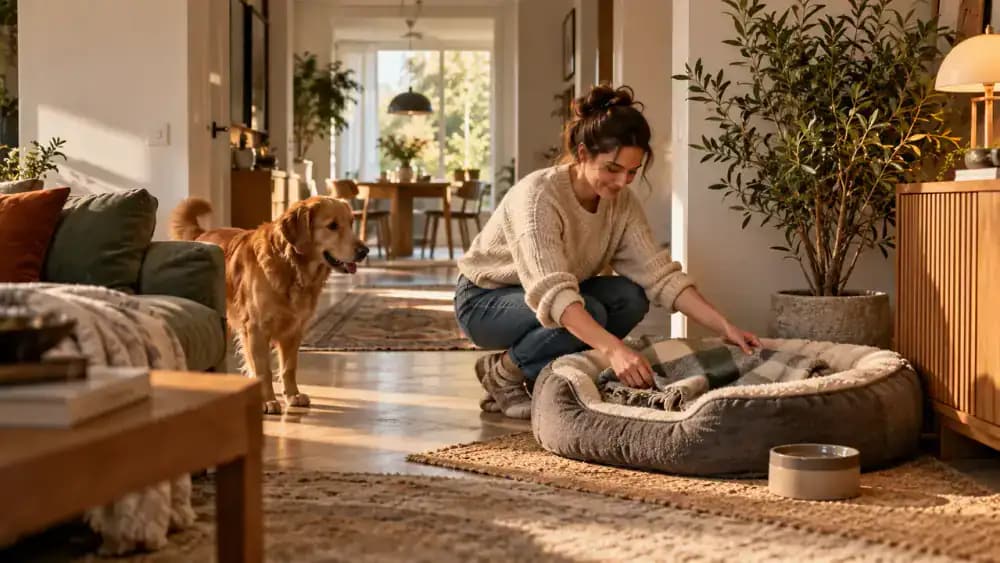 Quiet corner prepared for a newly adopted dog with a soft bed, water bowl, familiar blanket, and a reminder asking family members not to disturb the resting dog.