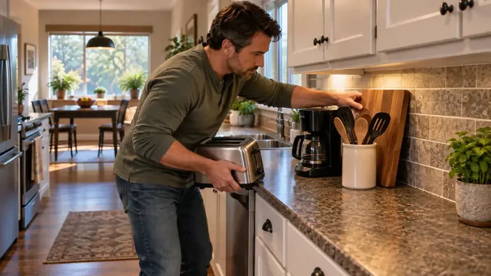 Homeowner clearing a laminate kitchen countertop by moving a toaster, coffee maker, utensil holder, and cutting board to a nearby table before cleaning.