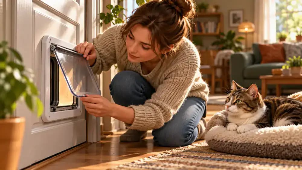 An owner checks the pet flap's hinges and frame before preparing a quiet room with the cat's bed, food bowl, and water bowl.
