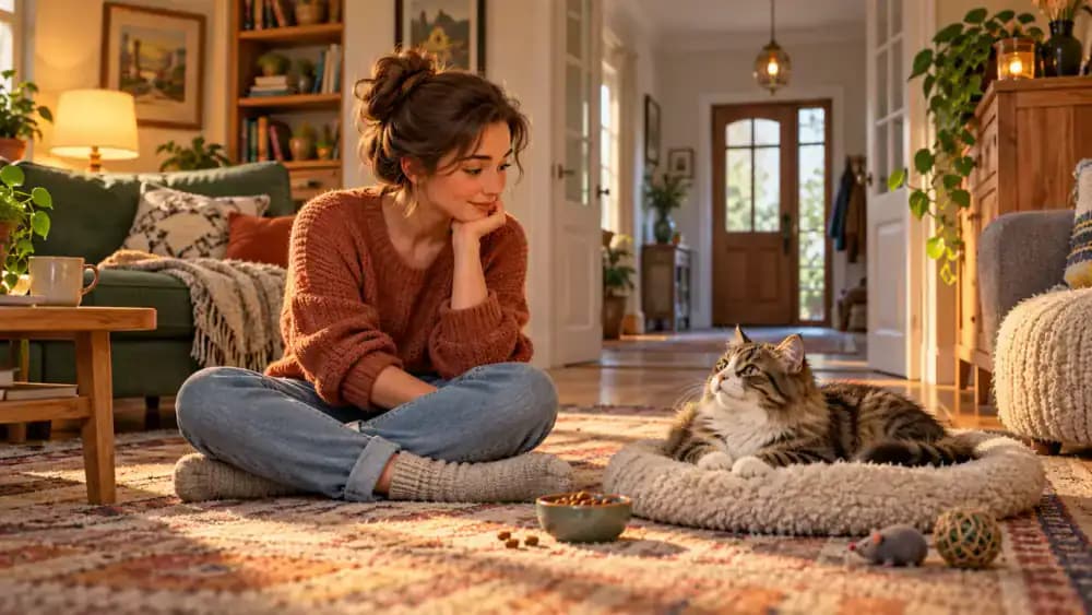 An owner sitting sideways on a rug in a quiet room with cat treats nearby while a relaxed cat rests several feet away and an open doorway remains unobstructed.