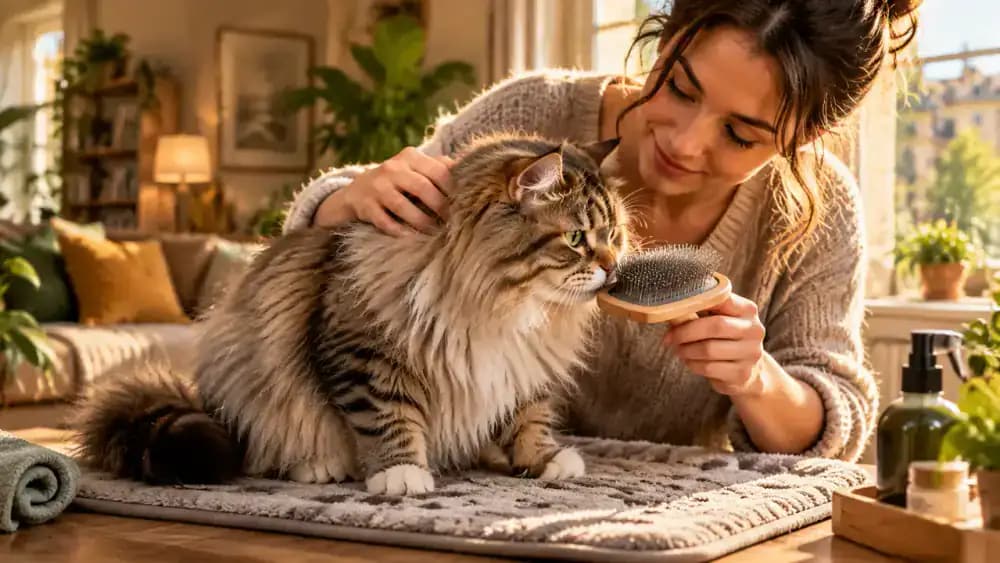 Long-haired cat resting on a padded grooming mat while its owner offers a brush and gently checks the fur with open fingertips.