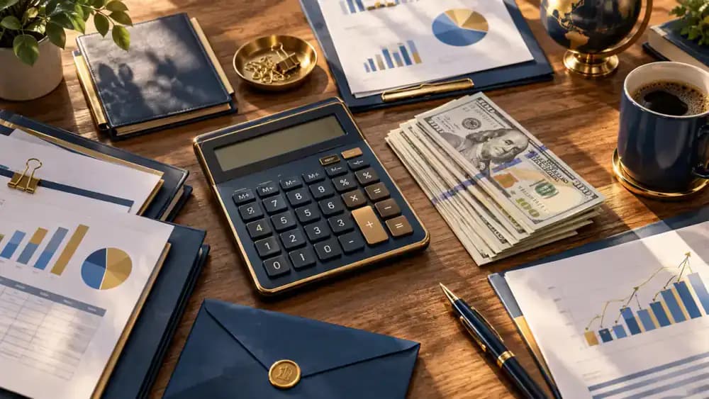 Calculator beside organized retirement savings documents