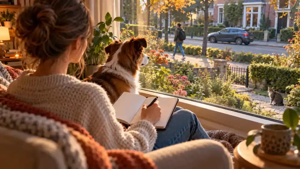 Dog watching the window while its owner records barking triggers in a notebook as a pedestrian, car, and cat pass outside.
