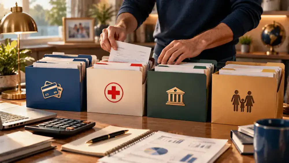 Separate folders representing credit card debt, medical bills, taxes, and support obligations.