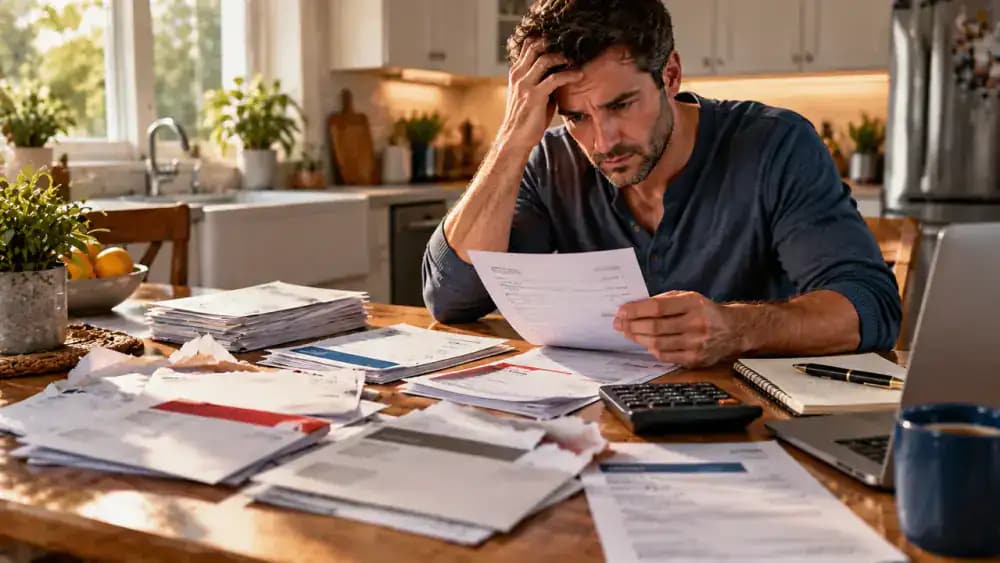 Consumer reviewing collection letters and account statements at a kitchen table.
