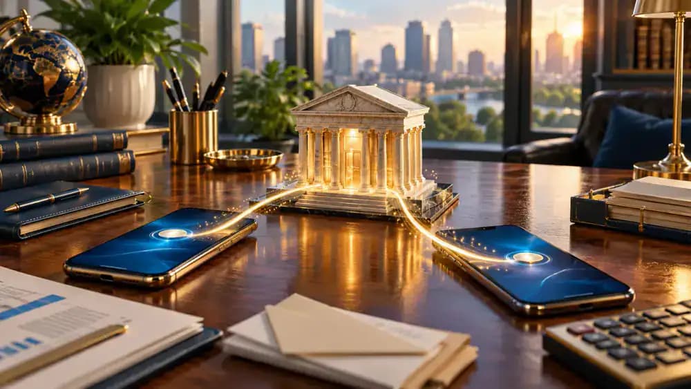 Two smartphones connected through a miniature bank building, illustrating electronic instructions that move money between accounts.