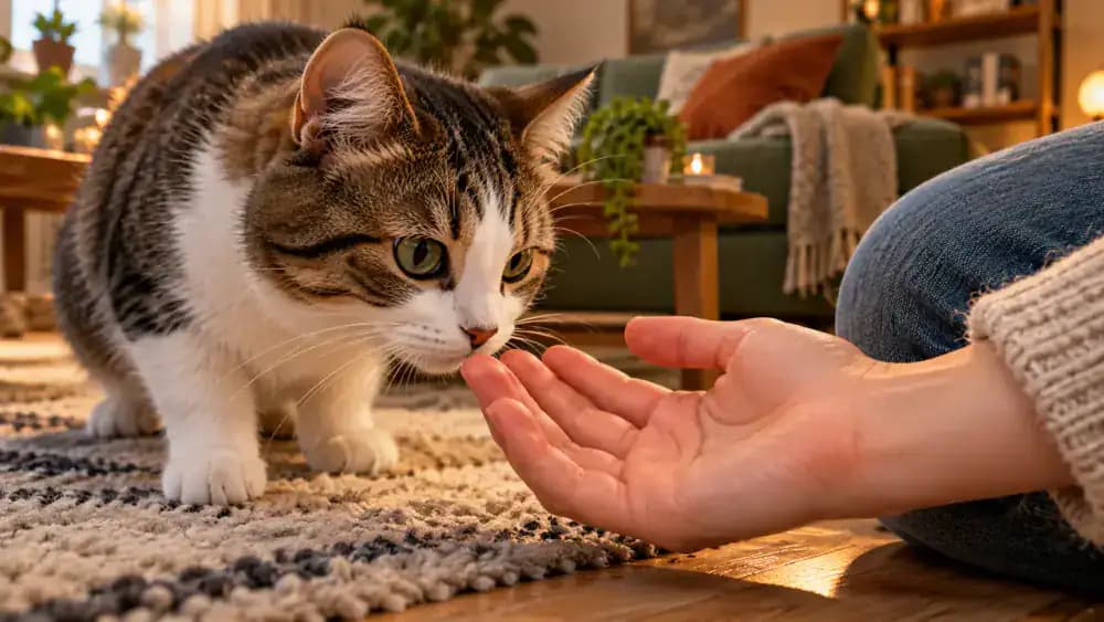 A curious cat cautiously sniffing the fingertips of an owner's relaxed open hand while a small treat rests on the floor nearby.