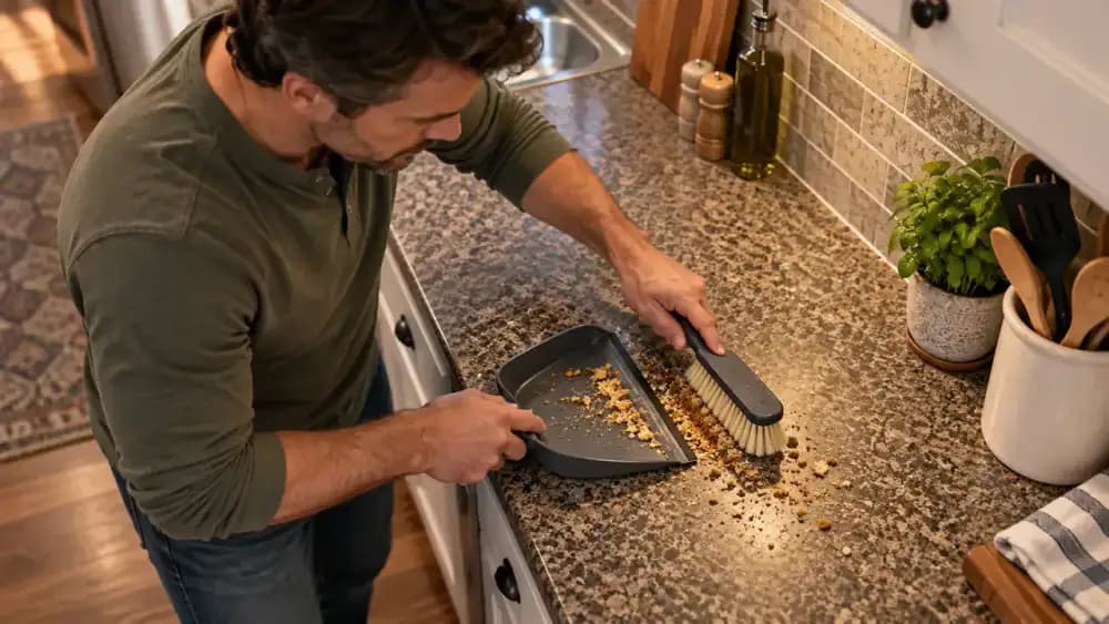 Overhead view of an adult homeowner using a dry microfiber cloth to sweep crumbs and fine grit from a cleared laminate countertop toward a small dustpan at the front edge.