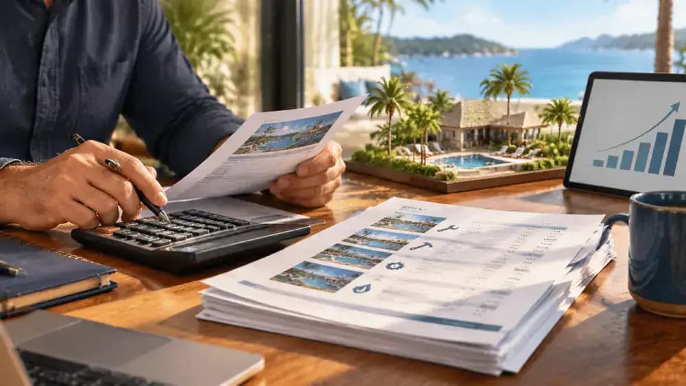 Maintenance invoices and calculator beside a rising financial chart.