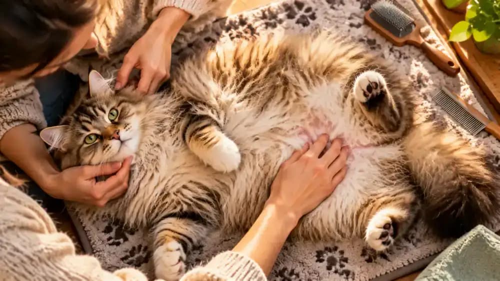 Long-haired cat comfortably positioned on its side while an owner inspects fur behind the ear, beneath the chin, under a front leg, along the belly, and behind a hind leg.