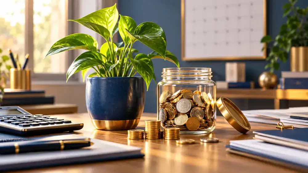 Growing plant next to a savings jar and calendar representing HSA balances carrying forward.