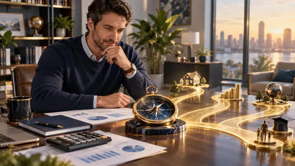 A thoughtful investor examines a compass surrounded by abstract pathways representing financial objectives.