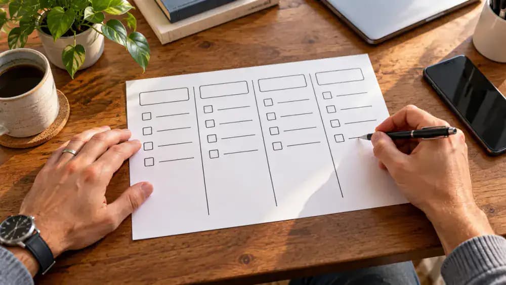 Overhead view of hands creating a medical referral tracking checklist on white paper, with rows for both offices, referral dates, insurance requirements, confirmation numbers, responsible contacts, and follow-up dates.