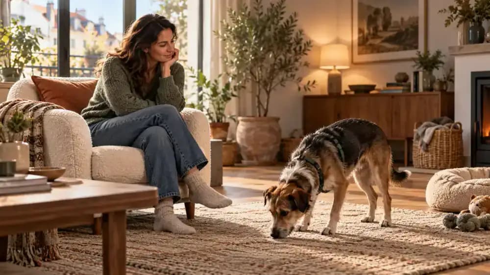 Calm adult sitting sideways in a living room with relaxed hands while a newly adopted dog sniffs the floor several feet away.