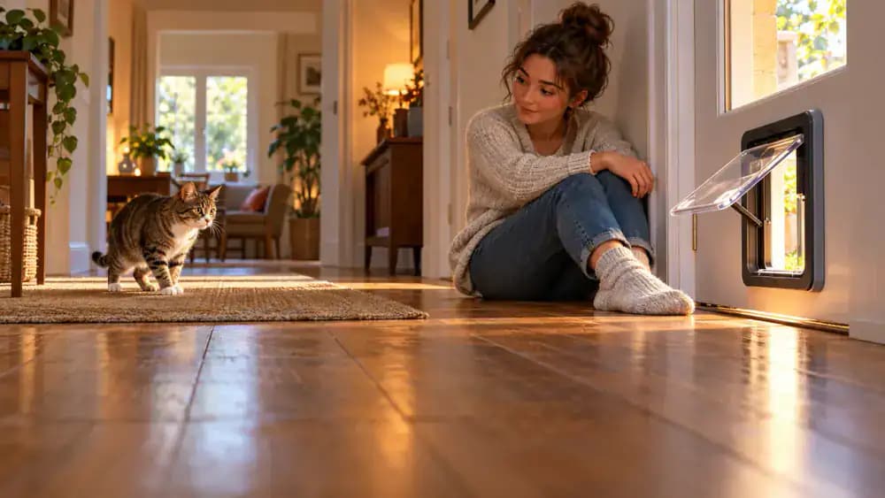 An owner sits quietly beside a securely open pet flap while a relaxed cat observes from a rug several feet away.